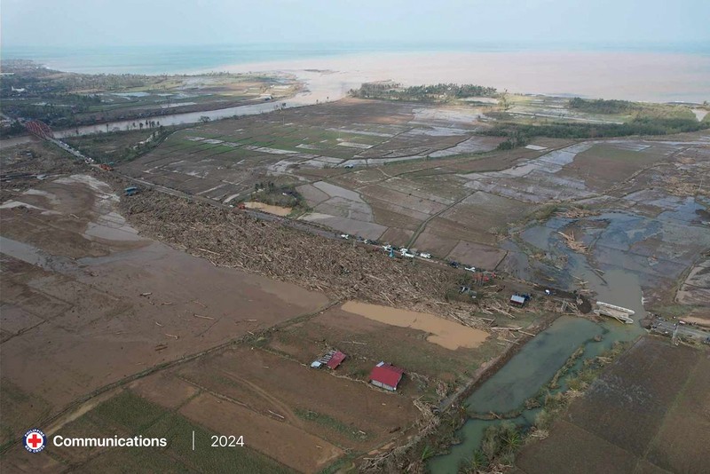 Warga berjalan di atas kayu gelondongan dan puing-puing yang tersapu banjir akibat Topan Usagi di Gonzaga, provinsi Cagayan, Filipina utara, Jumat (15/11/2024). (AP Photo/Noel Celis)