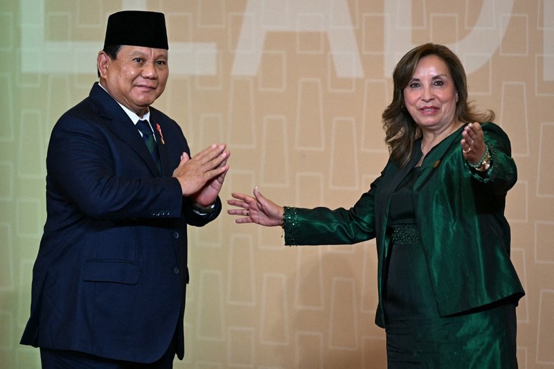 Presiden Peru Dina Boluarte (kanan) menyambut Presiden Indonesia Prabowo Subianto (kiri) saat tiba di Pertemuan Pemimpin Ekonomi APEC (AELM) di Convention Center, Lima, Peru, Sabtu (16/11/2024). (Luis ACOSTA / AFP)