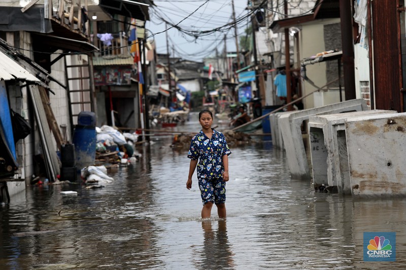 Aktivitas warga di kawasan pesisir utara Penjaringan Jakarta, Senin (18/11/2024). Sudah Hari ke 4 sejumlah ruas jalan dan pemukiman warga tergenang rob. (CNBC Indonesia/Muhammad Sabki) Aktivitas warga di kawasan pesisir utara Penjaringan Jakarta, Senin (18/11/2024). Sudah Hari ke 4 sejumlah ruas jalan dan pemukiman warga tergenang rob. (CNBC Indonesia/Muhammad Sabki)
