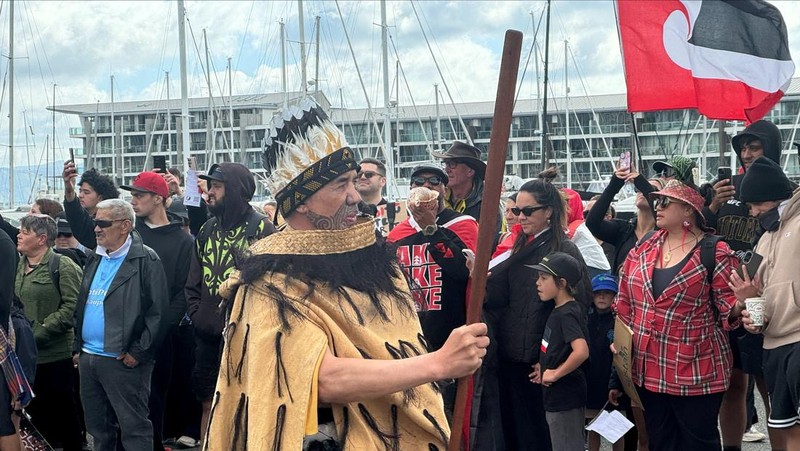 Anggota masyarakat Maori berpawai dalam aksi unjuk rasa untuk mengkritik pemerintah atas kebijakannya yang berdampak pada penduduk asli Maori di Wellington pada (19/11/2024). (AP Photo/Mark Tantrum)