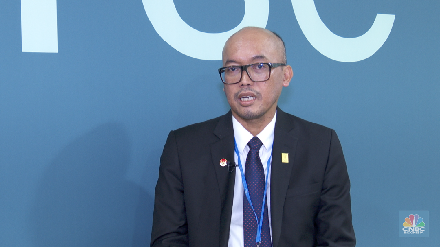 Direktur Transmisi dan Perencanaan Sistem PLN Evy Haryadi saat diwawancarai CNBC Indonesia di sela acara COP29 di Baku, Azerbaijan. (CNBC Indoensia TV)