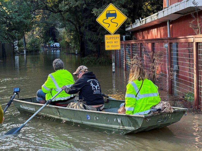 A car is seen submerged in flooded water at Mirabel RV Park & Campground after severe weather in Forestville, Calif., Saturday, Nov. 23, 2024. (Stephen Lam/San Francisco Chronicle via AP)