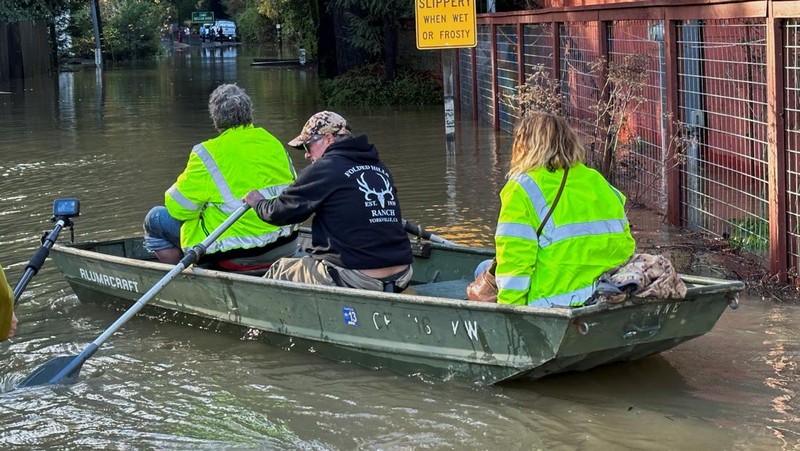 A car is seen submerged in flooded water at Mirabel RV Park & Campground after severe weather in Forestville, Calif., Saturday, Nov. 23, 2024. (Stephen Lam/San Francisco Chronicle via AP)