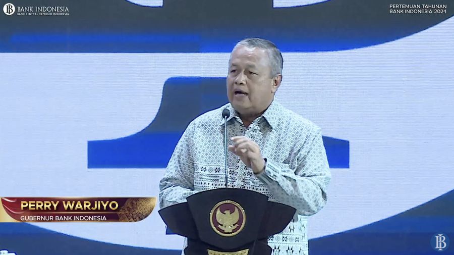 Gubernur Bank Indonesia (BI), Perry Warjiyo dalam acara Pertemuan Tahunan Bank Indonesia (PTBI) Tahun 2024 di Grha Bhasvara Icchana, kompleks kantor pusat Bank Indonesia, Jakarta, Jumat (29/11/2024) malam. (Tangkapan layar youtube Bank Indonesia)