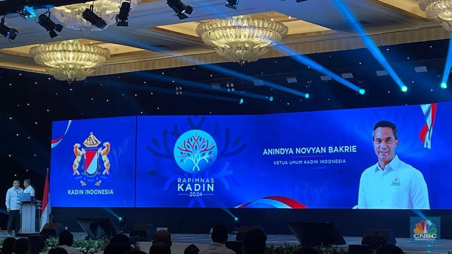 Ketua Umum Kadin, Anindya Novian Bakrie dalam Rapat Pimpinan Nasional (Rapimnas) Kadin Indonesia 2024 di Jakarta, Minggu (1/12/2024). (CNBC Indonesia/Romys Binekasri)