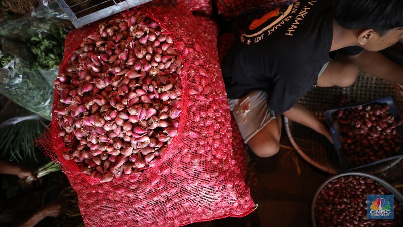 Pekerja menyortir bawang merah yang baru tiba dari Brebes, Jawa Tengah di Pasar Kramat Jati, Jakarta, Senin (2/12/2024). Pekerja menyortir bawang merah yang baru tiba dari Brebes, Jawa Tengah di Pasar Kramat Jati, Jakarta, Senin (2/12/2024). (CNBC Indonesia/Tri Susilo)