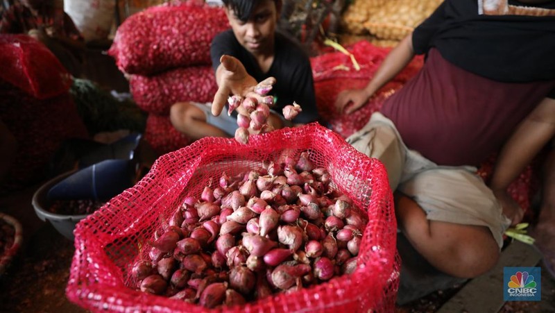 Pekerja menyortir bawang merah yang baru tiba dari Brebes, Jawa Tengah di Pasar Kramat Jati, Jakarta, Senin (2/12/2024). (CNBC Indonesia/Tri Susilo)