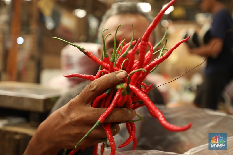 Penjualan cabai merah kriting di Pasar Kramat Jati, Jakarta, Senin (2/12/2024). (CNBC Indonesia/Tri Susilo)
