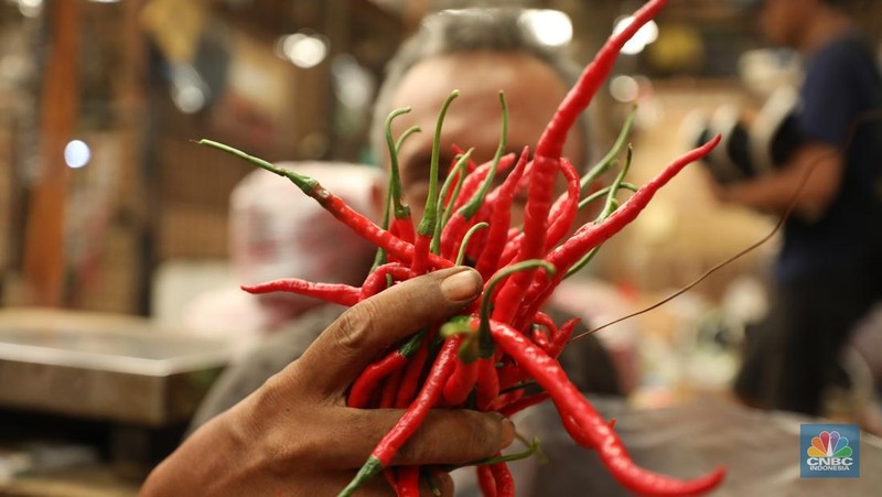 Penjualan cabai merah kriting di Pasar Kramat Jati, Jakarta, Senin (2/12/2024). (CNBC Indonesia/Tri Susilo)