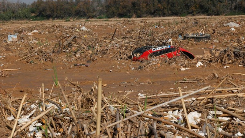 Laguna Albufera di Wilayah selatan Valencia dibanjiri berton-ton sampah plastik, mobil rusak, dan produk farmasi akibat banjir bandang yang melanda Spanyol tenggara bulan lalu. (REUTERS/ Eva Manez)