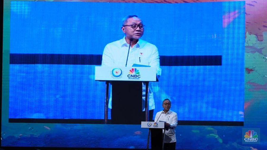 Menteri Koordinator Bidang Pangan, Zulkifli Hasan memberi sambutan di acara Indonesia Marine and Fisheries di Hotel Raffles, Jakarta, Selasa (10/12/2024). (CNBC Indonesia/Muhammad Sabki)
