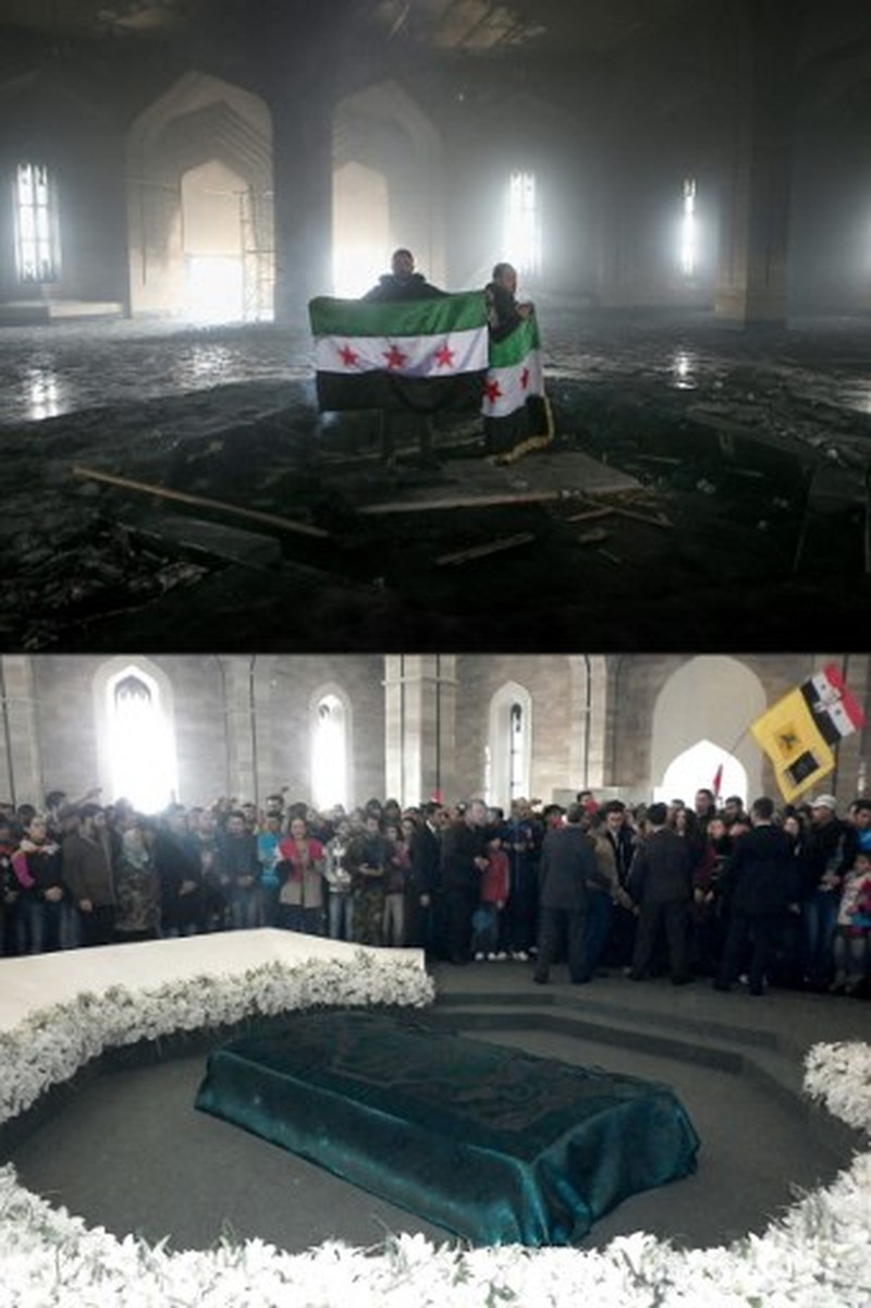 Kombinasi visual yang dibuat pada (11/12/2024) ini menunjukkan gambar (atas) yang diambil pada hari yang sama dari pejuang pemberontak yang berdiri dengan bendera oposisi di makam mendiang presiden Suriah Hafez al-Assad yang terbakar di makamnya di desa leluhur keluarga Qardaha di provinsi Latakia barat, setelah diserbu oleh faksi anti-Assad dan dibakar dan gambar arsip lain yang dirilis oleh Kantor Berita Arab Suriah (SANA) pada (16/11/2011) dari warga Suriah yang mengunjungi makam yang sama untuk memperingati ulang tahun Kombinasi visual yang dibuat pada (11/12/2024) ini menunjukkan gambar (atas) yang diambil pada hari yang sama dari pejuang pemberontak yang berdiri dengan bendera oposisi di makam mendiang presiden Suriah Hafez al-Assad yang terbakar di makamnya di desa leluhur keluarga Qardaha di provinsi Latakia barat, setelah diserbu oleh faksi anti-Assad dan dibakar dan gambar arsip lain yang dirilis oleh Kantor Berita Arab Suriah (SANA) pada (16/11/2011) dari warga Suriah yang mengunjungi makam yang sama untuk memperingati ulang tahun