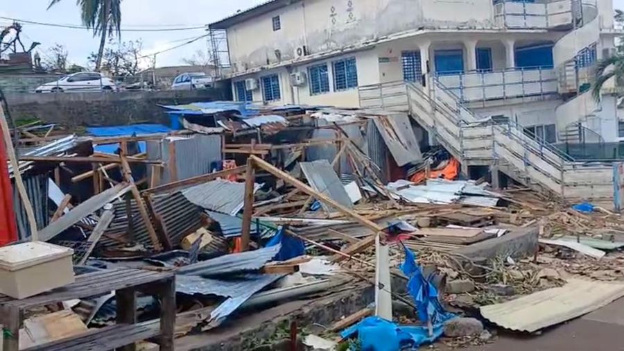 Debris lies on the street in the aftermath of Cyclone Chido, in Mamoudzou, Mayotte, France, December 15, 2024, in this screen grab obtained from video. John Balloz/via REUTERS  THIS IMAGE HAS BEEN SUPPLIED BY A THIRD PARTY. MANDATORY CREDIT.