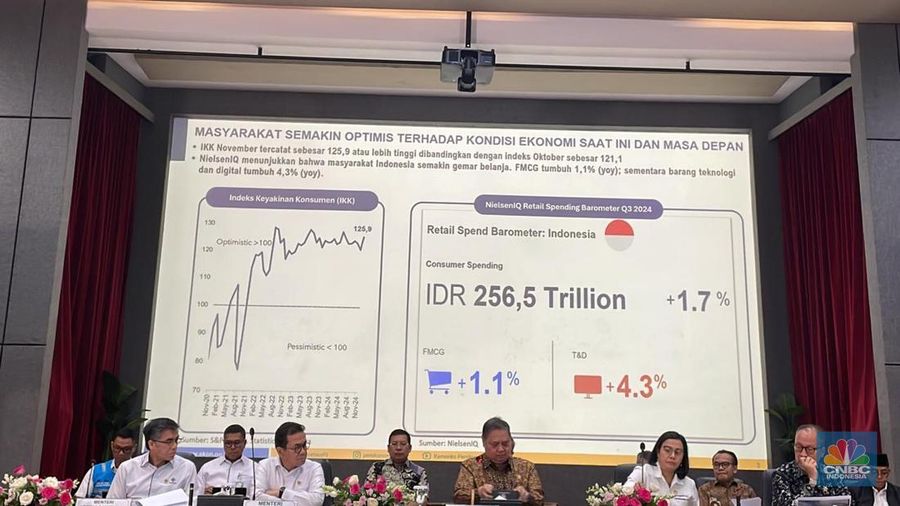 Menko Perekonomian Airlangga Hartarto dalam Konferensi Pers Paket Stimulus Ekonomi untuk Kesejahteraan. (CNBC Indonesia/Romys)