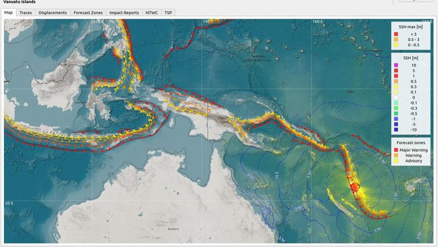 Gempa bumi dengan magnitudo M7,5 mengguncang barat daya Kepulauan Vanuatu di Pasifik pada Selasa (17/12/2024) sekitar pukul 08.47.24 WIB. (Dok. BMKG)