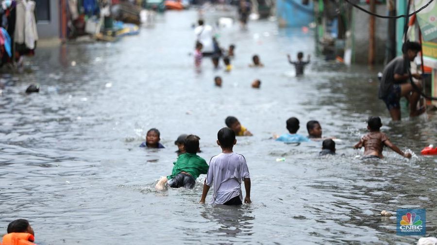 Banjir rob masih menggenangi kawasan Muara Angke, Jakarta Utara, selama hampir satu pekan. (CNBC Indonesia/Tri Susilo)