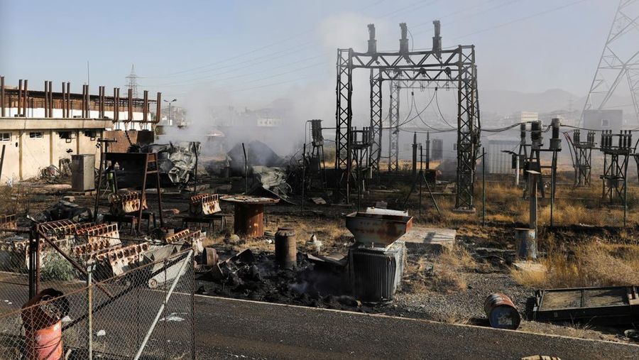Smoke and flames rise from the premises of the Hezyaz Central generating station in Sanaa Governorate, Yemen in this screengrab obtained from social media video released December 19, 2024. Social Media/via REUTERS  THIS IMAGE HAS BEEN SUPPLIED BY A THIRD PARTY. NO RESALES. NO ARCHIVES.