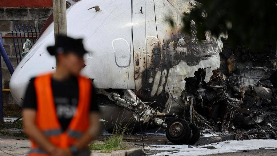 Seseorang berdiri di dekat badan pesawat Challenger 300 yang jatuh di dekat bandara San Fernando, di pinggiran Buenos Aires, Argentina, 18 Desember 2024. (REUTERS/Agustin Marcarian)