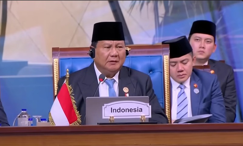 Presiden Prabowo Subianto memberikan pidato pernyataan pada sesi khusus Konferensi Tingkat Tinggi (KTT) Ke-11 Developing Eight (D-8) di Istana Kepresidenan New Administrative Capital, Kairo, Mesir, pada Kamis (19/12/2024. (Tangkapan Layar Youtube)
