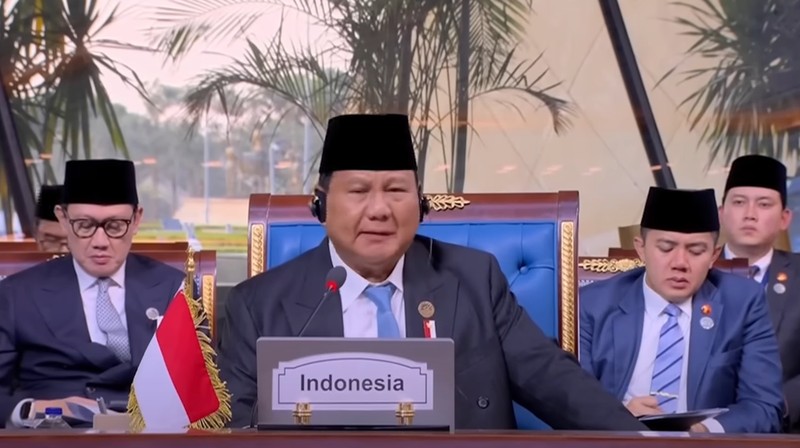 Presiden Prabowo Subianto memberikan pidato pernyataan pada sesi khusus Konferensi Tingkat Tinggi (KTT) Ke-11 Developing Eight (D-8) di Istana Kepresidenan New Administrative Capital, Kairo, Mesir, pada Kamis (19/12/2024. (Tangkapan Layar Youtube)