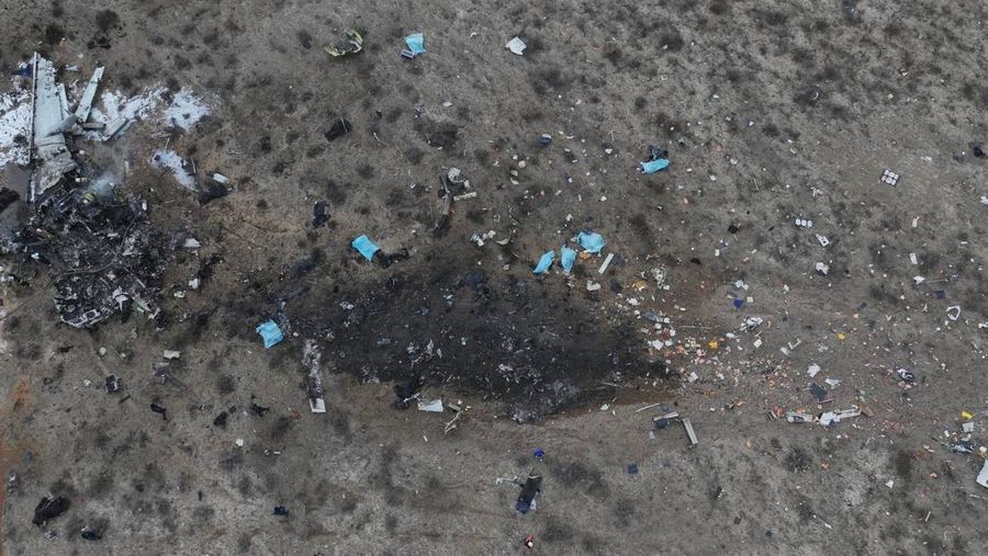 SENSITIVE MATERIAL. THIS IMAGE MAY OFFEND OR DISTURB    A drone view shows the crash site of an Azerbaijan Airlines passenger plane near the city of Aktau, Kazakhstan December 25, 2024. REUTERS/Azamat Sarsenbayev