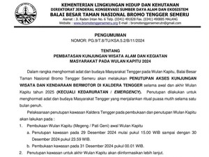 Akses Wisata ke Gunung Bromo Ditutup 1 Hari, Hormati Tradisi Wulan Kapitu