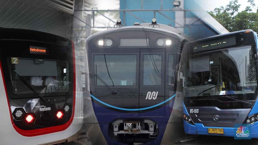 Foto kolase LRT Jakarta, MRT Jakarta, dan TransJakarta. (CNBC Indonesia)