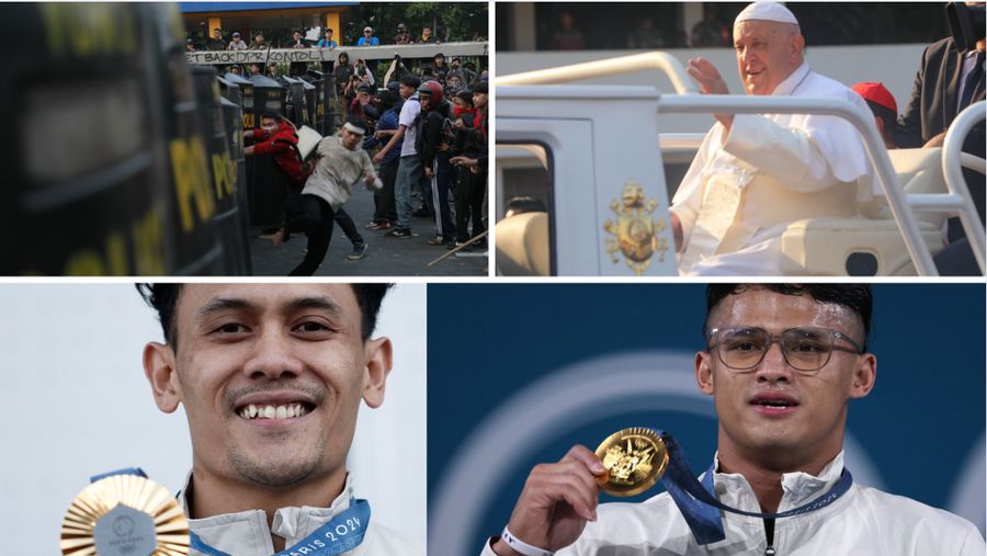 Foto Kombinasi Aksi demo Peringatan Darurat DPR, Kunjungan Paus ke Jakarta, dan Rizky Veddriq meraih medali emas di Olimpiade paris 2024(CNBC Indonesia)