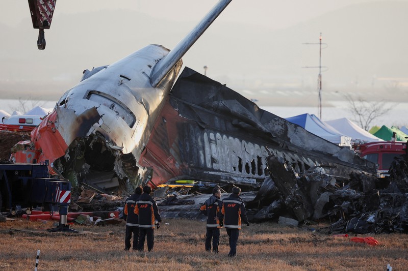 SOUTHKOREA-CRASH/ A bird flies by as the sun rises behind the aircraft that crashed after it went off the runway, at Muan International Airport, in Muan, South Korea, December 31, 2024. REUTERS/Kim Hong-Ji