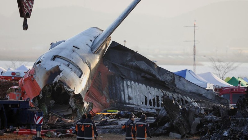 A bird flies by as the sun rises behind the aircraft that crashed after it went off the runway, at Muan International Airport, in Muan, South Korea, December 31, 2024. REUTERS/Kim Hong-Ji