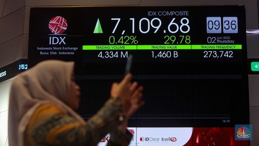 Layar menampilkan pergerakan perdagangan saham saat Pembukaan Perdagangan Tahun di Gedunh Bursa Efek Indonesia (BEI), Jakarta, Kamis (2/1/2025). (վ/Faisal Rahman)