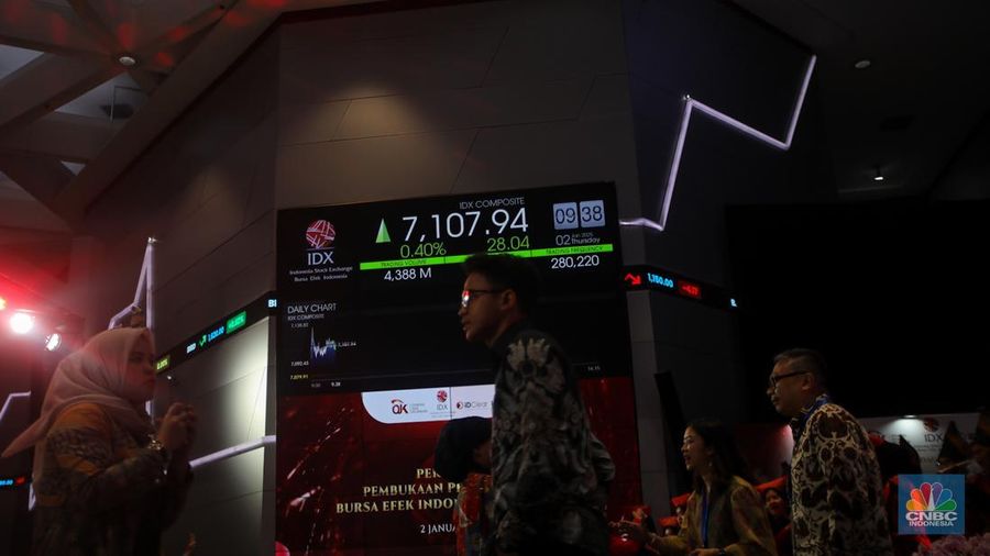 Layar menampilkan pergerakan perdagangan saham saat Pembukaan Perdagangan Tahun di Gedunh Bursa Efek Indonesia (BEI), Jakarta, Kamis (2/1/2025). (վ/Faisal Rahman)