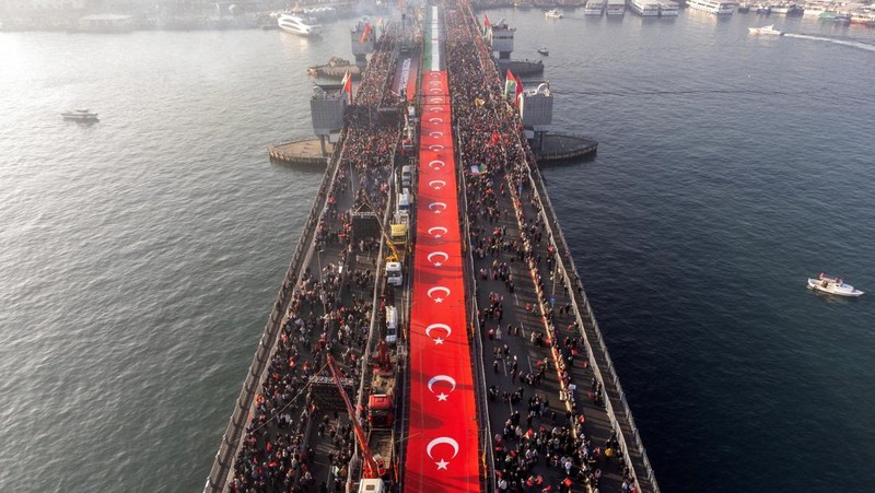 Pemandangan drone menunjukkan orang-orang berkumpul di Jembatan Galata dalam rangka solidaritas dengan warga Palestina setelah salat subuh pertama Tahun Baru di Istanbul, Turki, 1 Januari 2025. (REUTERS/Murad Sezer)