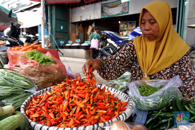 Sejumlah warga membeli cabai di Pasar Minggu, Jakarta, Selasa (7/01/2025). (CNBC Indonesia/Muhammad Sabki)