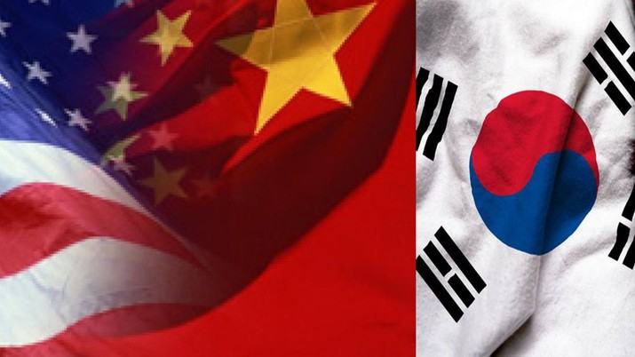 Ilustrasi bendera Amerika Serikat, China dan Korea Selatan.