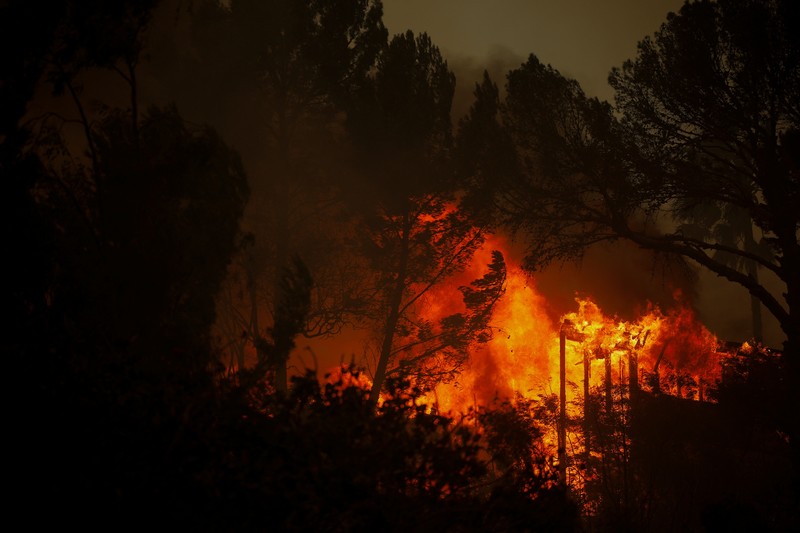 Asap mengepul dari kebakaran hutan yang terjadi di dekat Pacific Palisades di sisi barat Los Angeles selama badai angin yang disebabkan cuaca buruk, di Los Angeles, California, 7 Januari 2025. (REUTERS/Daniel Cole)