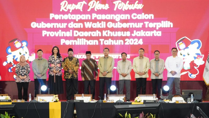 Gubernur dan Wakil Gubernur DK Jakarta periode 2024-2029 terpilih, Pramono Anung dan Rano Karno saat rapat pleno terbuka penetapan pasangan Gubernur dan Wakil Gubernur terpilih DK Jakarta, Kamis (9/1/2025). (Dok. KPUD DK Jakarta)