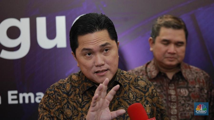 Menteri BUMN, Erick Thohir saat sesi doorstop kepada wartawan usai diskusi one on one MINDialogue 