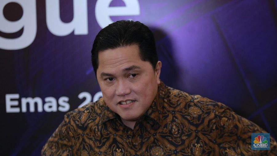 Menteri BUMN, Erick Thohir saat sesi doorstop kepada wartawan usai diskusi one on one MINDialogue 