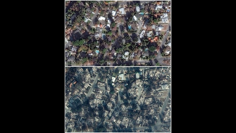 Gambar menunjukkan sebelum dan sesudah kebakaran pada kawasan Pacific Palisades di Los Angeles, California, AS. (REUTERS)