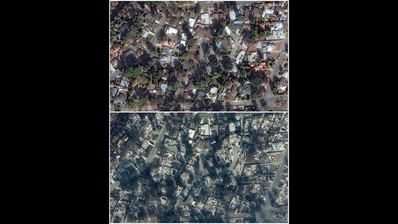 Gambar menunjukkan sebelum dan sesudah kebakaran pada kawasan Pacific Palisades di Los Angeles, California, AS. (REUTERS)