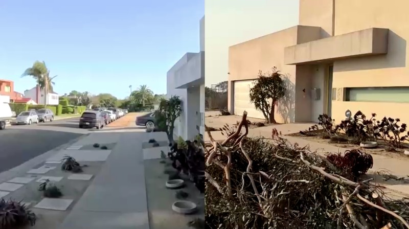 Gambar menunjukkan sebelum dan sesudah kebakaran pada kawasan Pacific Palisades di Los Angeles, California, AS. (REUTERS)