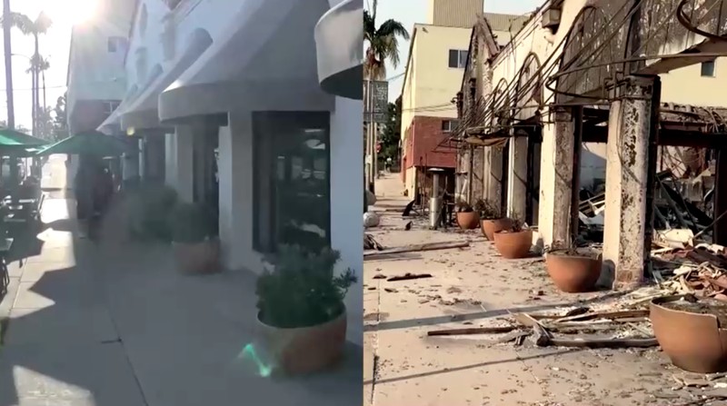 Gambar menunjukkan sebelum dan sesudah kebakaran pada kawasan Pacific Palisades di Los Angeles, California, AS. (REUTERS) Gambar menunjukkan sebelum dan sesudah kebakaran pada kawasan Pacific Palisades di Los Angeles, California, AS. (REUTERS)