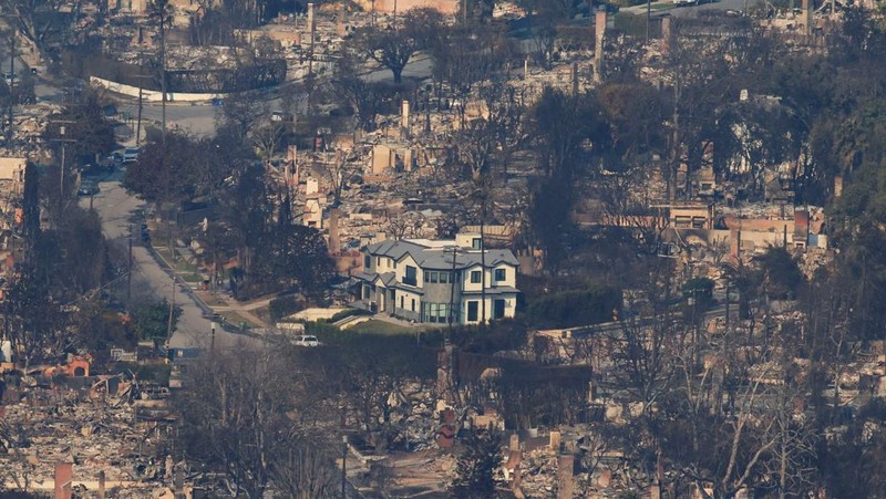 Pemandangan yang menunjukkan sisa-sisa rumah yang hancur akibat Kebakaran Palisades di kawasan Pacific Palisades di Los Angeles, California, AS, 11 Januari 2025. (REUTERS/David Ryder)