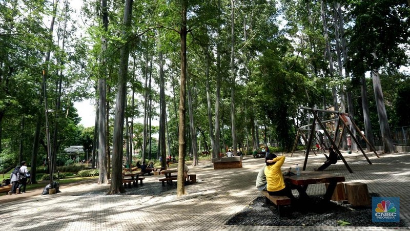 Pengunjung melintas disamping taman yang diberi pembatas di Kawasan Tebet Eco Park, Jakarta, Senin,(13/1/2025). Viral permainan Koin Jagat yang banyak diikuti remaja di Jakarta. Dinas Pertamanan dan Hutan (Distamhut) Kota Provinsi DKI Jakarta memasang pembatas. (CNBC Indonesia/Muhammad Sabki)