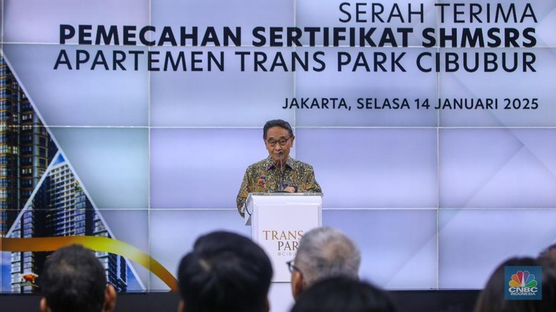 Serah Terima Pemecahan Sertifikat SHMSRS Apartemen Trans Park Cibubur di gedung Transmedia, Jakarta, Selasa (14/1/2025). (CNBC Indonesia/Faisal Rahman)