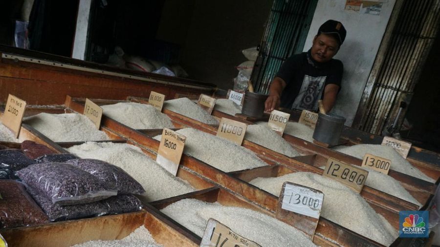 Suasana aktivitas salah satu toko beras di Pasar Induk Beras, Cipinang, Jakarta, Selasa (14/1/2025). (վ/Muhammad Sabki)
