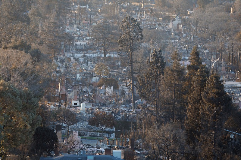 Sisa-sisa mobil rumah yang terbakar tergeletak di tanah, setelah angin kencang yang memicu kebakaran hutan yang dahsyat di wilayah Los Angeles memaksa orang-orang untuk mengungsi, di lingkungan Pacific Palisades di sisi barat Los Angeles, California, AS, 13 Januari 2025. (REUTERS/Daniel Cole)