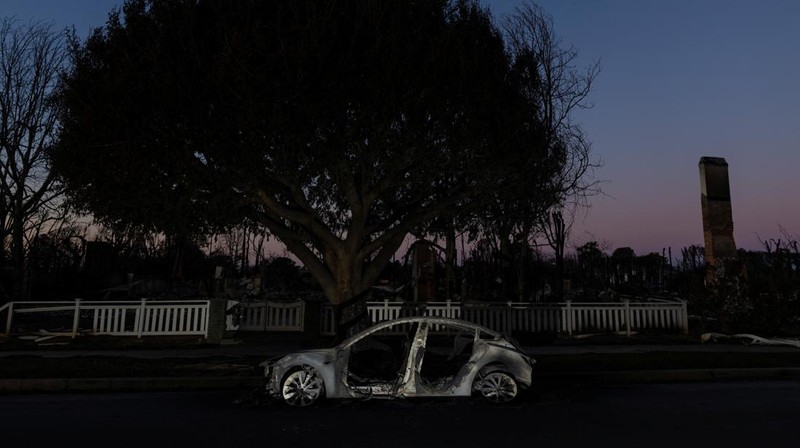 Sisa-sisa mobil rumah yang terbakar tergeletak di tanah, setelah angin kencang yang memicu kebakaran hutan yang dahsyat di wilayah Los Angeles memaksa orang-orang untuk mengungsi, di lingkungan Pacific Palisades di sisi barat Los Angeles, California, AS, 13 Januari 2025. (REUTERS/Daniel Cole)