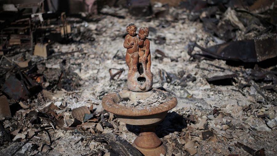 Sisa-sisa mobil rumah yang terbakar tergeletak di tanah, setelah angin kencang yang memicu kebakaran hutan yang dahsyat di wilayah Los Angeles memaksa orang-orang untuk mengungsi, di lingkungan Pacific Palisades di sisi barat Los Angeles, California, AS, 13 Januari 2025. (REUTERS/Daniel Cole)